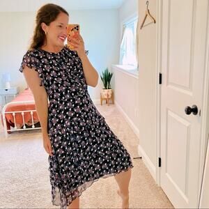 Shoshanna Black Blue Pink Floral Metallic Ruffle MIDI Dress 8